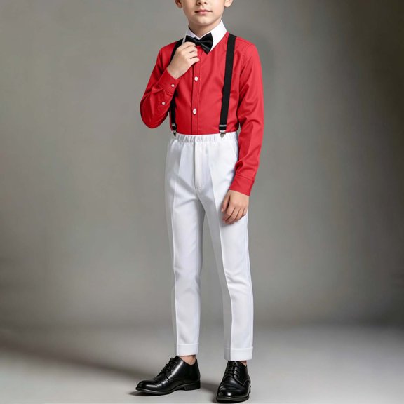LEKWK Boys 3 Piece Suits Long Sleeve Dress Shirt With Bowtie and Suspender Pants Kids Formal Set For Wedding School Homecoming Performance Stage Outfit