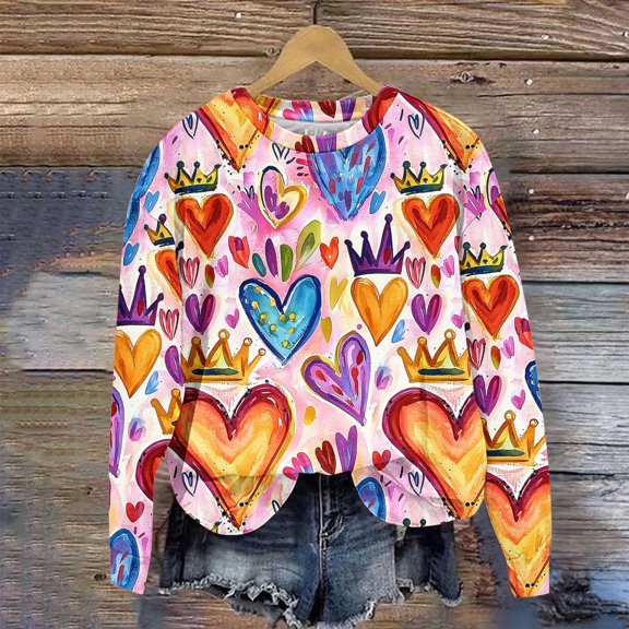 FDGIU ‌Women's Love Heart Sweatshirt, Valentine's Day Graphic Tee Long Sleeve Casual Top for Party & Gift Exchange