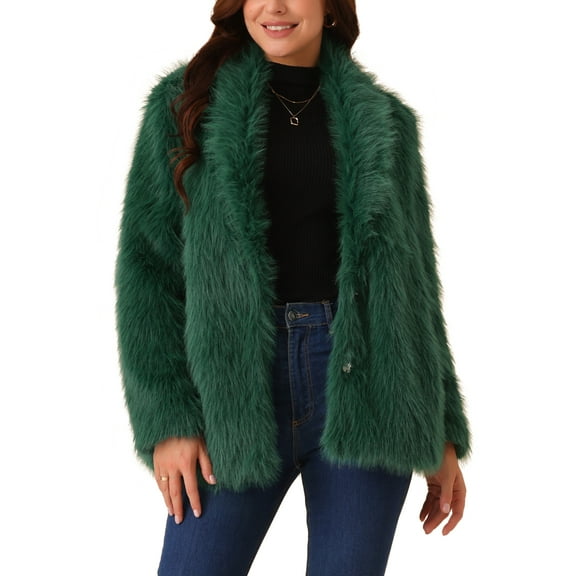 INSPIRE CHIC Women's Faux Fur Coat Long Sleeve Pockets Lapel Shaggy Warm Winter Overcoat Fluffy Jackets S Dark Green