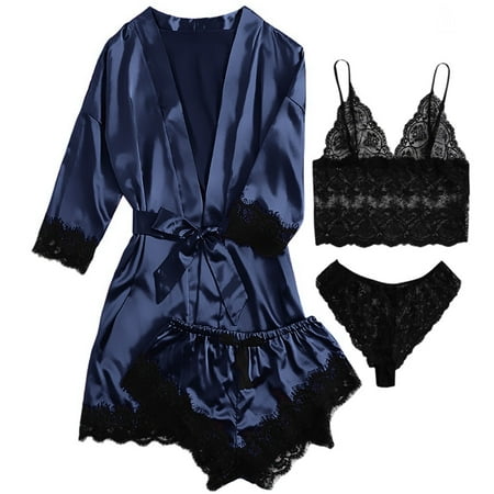 Sexy Lingerie  LOFIR Silk Satin Pajamas for Women  Womens Summer Pajamas Pjs Sets of 4 Pcs with Floral Lace Top Shorts and Robe  Gift for Women  Black XL