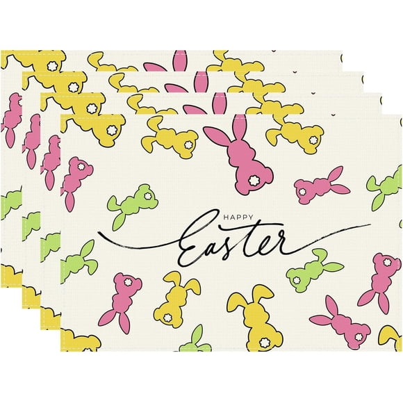 Happy Easter Colorful Bunny Rabbits Spring Cloth Placemats Set of 4 Table Mats Table Decorations 12x18 Inch