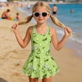 thumbnail image 3 of COEQINE Cute Swim Dress for Girls, One Piece Swimsuit with Flowy Skirt & Built-in Liner, Scoop Neck & Fixed Straps in V-Back Swimwear for Beach Pool, Ages 6-7, Pickle Jar Print Green, 3 of 8