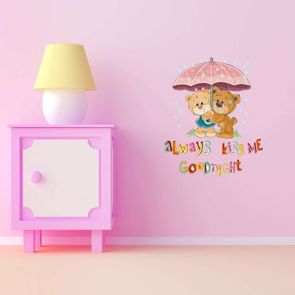 Teady Bear Umbrella Rain Drops Hugging Scarf Always Kiss Me Goodnight Hugs Kisses Girls Love Beautiful Crown Prince Unicorns Royalty Sweet Dreams Decorating Wall Decal Sticker - Size: 16 In X 20 In
