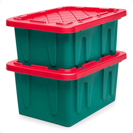 2-Pack Durabilt, Heavy Duty Plastic Storage Bins with Lids, 15 Gallon, Green/Red - Stackable Container Boxes for Holiday, Attic, and Garage Organization