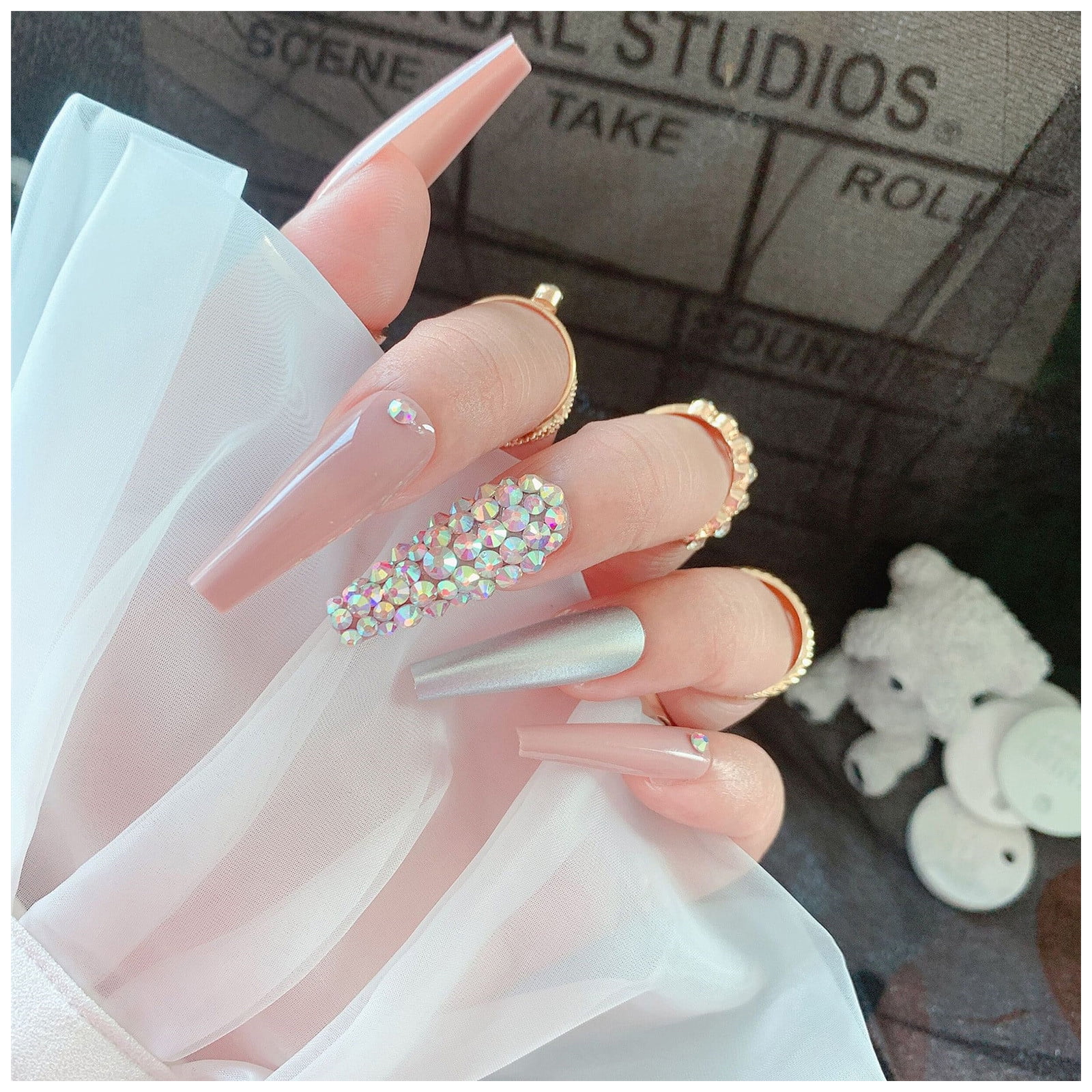 White Glitter French Tip Press Nails Rhinestone Decor Glossy - Temu