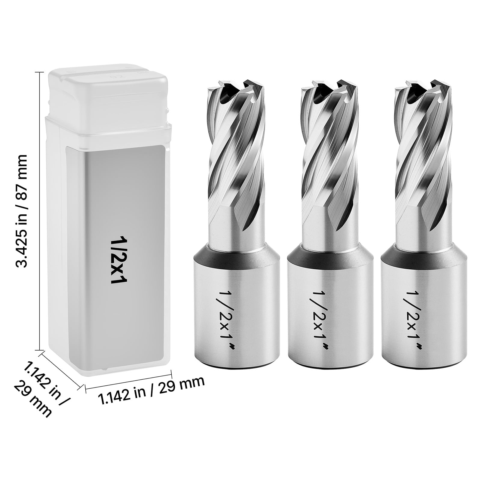 KFFKFF Annular Cutter Set, 5-Piece Weldon Shank Drill Bit Kit, 1" Depth, 1/2" Diameter, HSS Material, Includes 3 Drill Bits, 2 Pilot Pins, and 3 Storage Cases, Compatible with Magnetic Drills