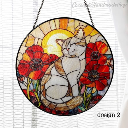 Orange Cat With Poppy Flower Stained Glass Suncatcher, Mothers Day Gift for Mom Cat, Munchkin Cat Window Decor, Cat Lover Gift, Cat Mom Gift