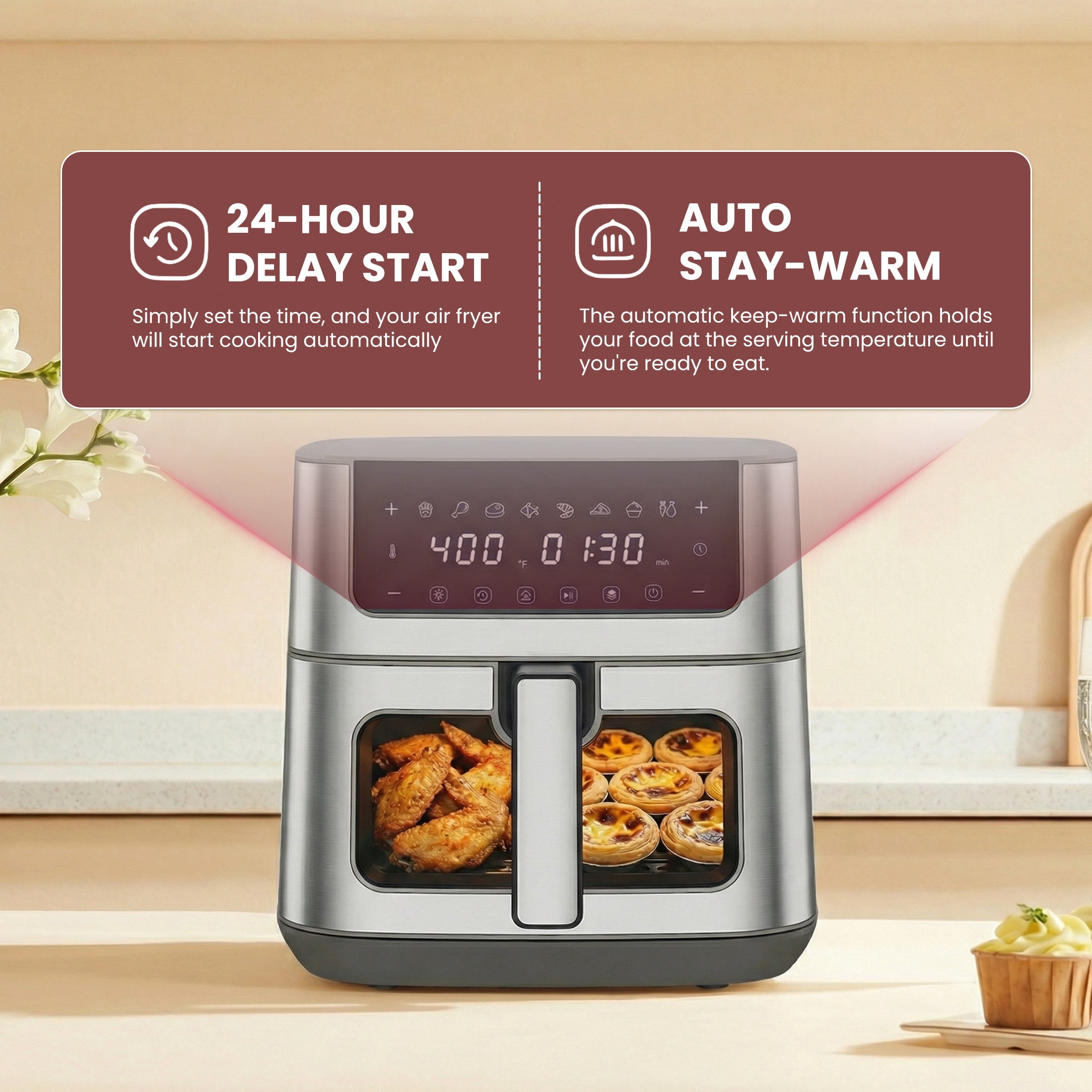 EDX 6QT Stainless Steel Air Fryer with Digital Touchscreen, 1500W, 8 Presets, Dishwasher Safe Basket, 90 Min Timer, 24H Delay Start, Gray