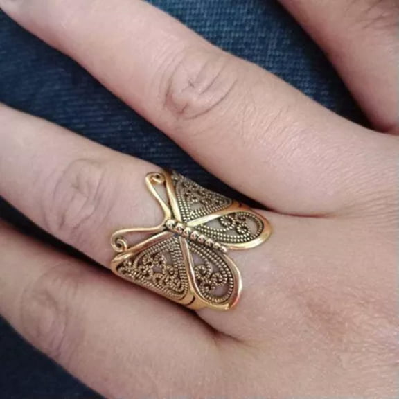HOOUN Retro Gold Plated Hollowout Butterfly Cuff Rings Women Jewelry Party Gift-1# Gold
