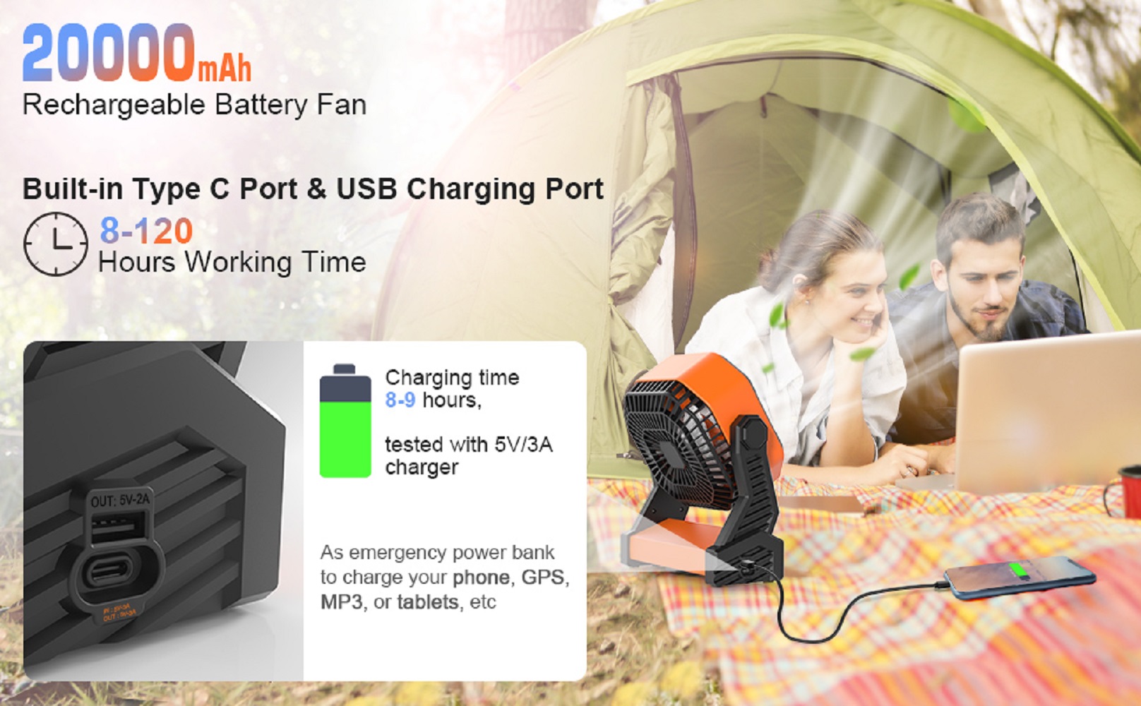 Camping Travel Personal Fan with LED Lantern, 58H 20000mAh Rechargeable Battery Operated Desk Fan 10 inch with 5V/3A USB-C Charging Port, 4-Speed 270 Rotation for Home or Outdoor