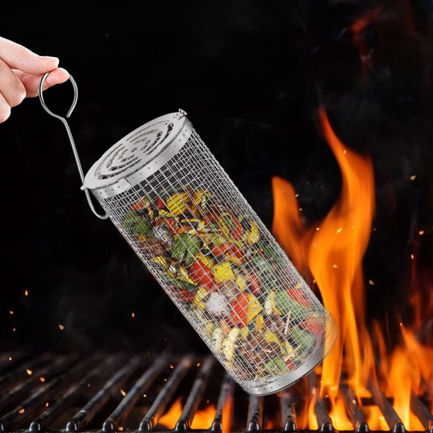 Xewsqmlo Cylinder Wire Mesh Grill Basket Round Rolling Barbecue