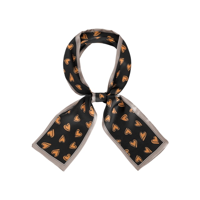 INSPIRE CHIC Silky Skinny Scarves Ribbon Heart Print Long Hairband Handbag Wrap Black 96x10cm/38x4 inches(LxW)