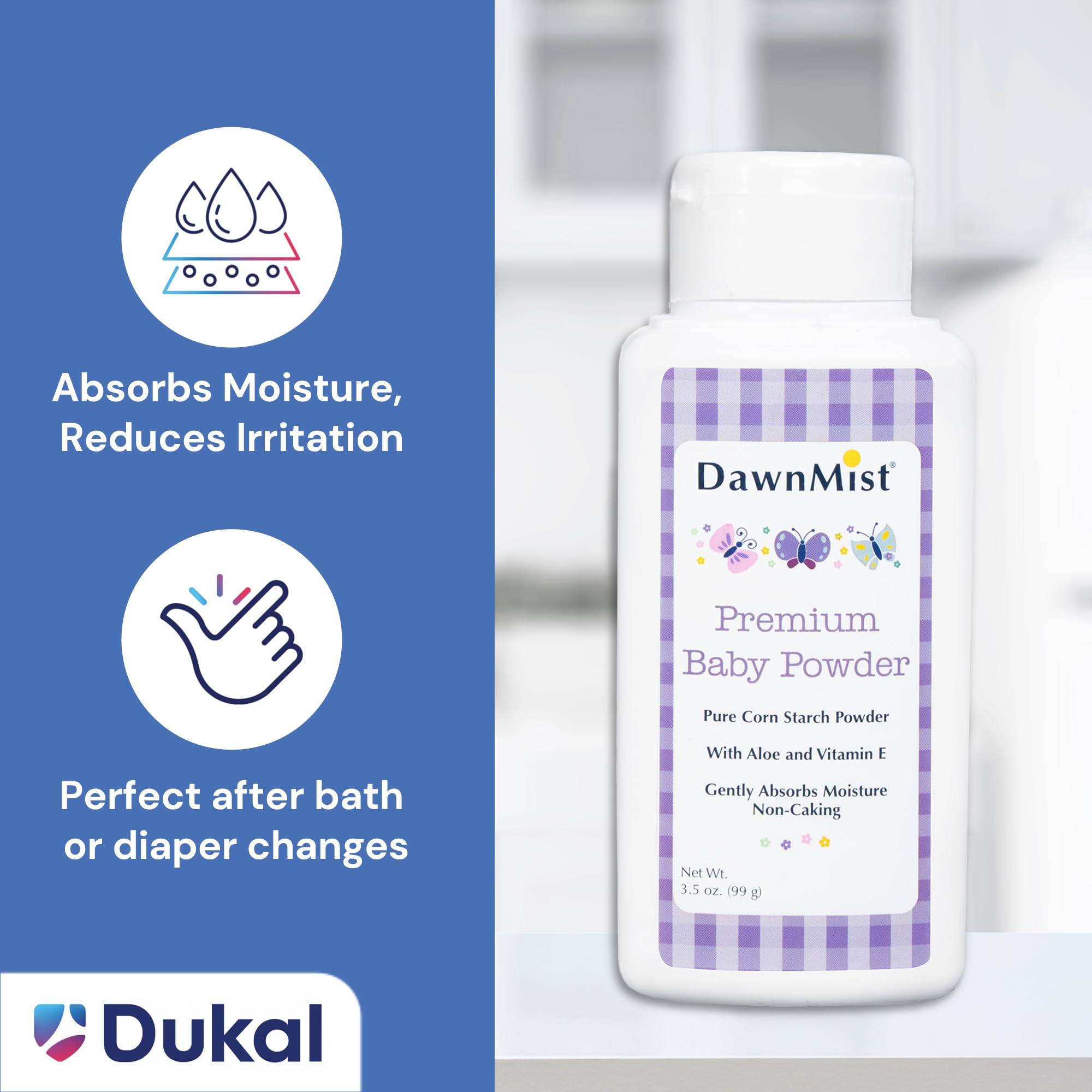 Dukal DawnMist Premium Baby Powder, 3.5 oz Bottles – Talc-Free Formula, Gentle & Soothing for Delicate Skin – Full Case Pack of 48