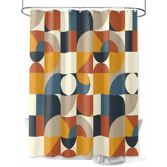 Mid Century Shower Curtain, Orange Brown Beige Blue Abstract Retro Geometric Modern Waterproof Shower Curtain Set with 12 Hooks Lightweight Washable Fabric Shower Curtains for Bathroom 36x72 Inches