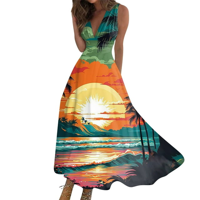 Robes d'Été pour Femmes Colorées, Fluides, Décontractées, Sans Manches, Robes Maxi, Tenue de Plage Hawaïenne avec Encolure en V