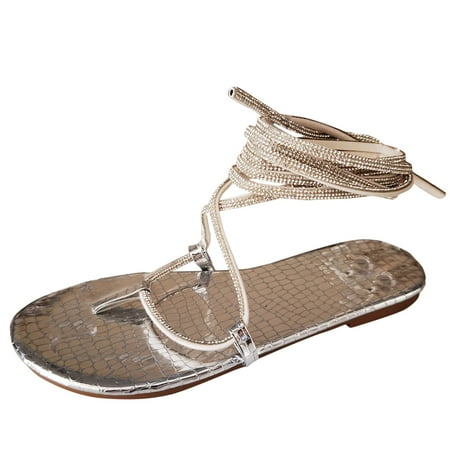 

Follure Girl women s casual shoes Women s Summer Flat Crystal Lace Up Sandals Flip Flops Outdoor Round Toe Shoes Silver 41