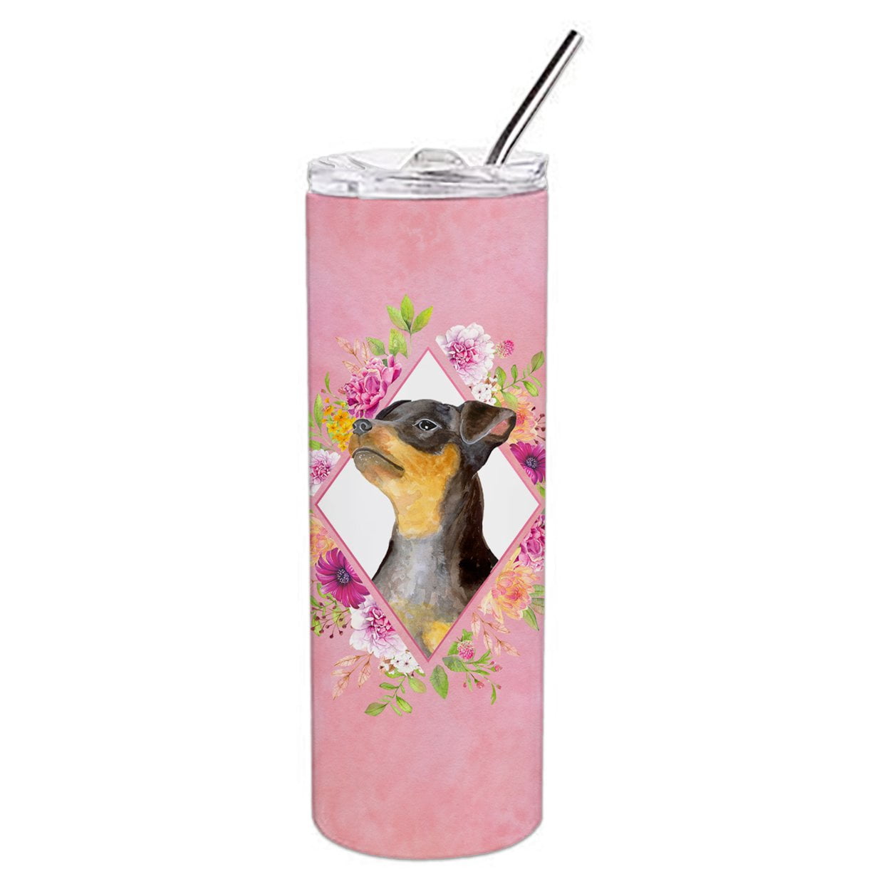 Carolines Treasures CK4196TBL20 Black Miniature Pinscher Pink Flowers Stainless Steel 20 oz Skinny Tumbler 20 oz
