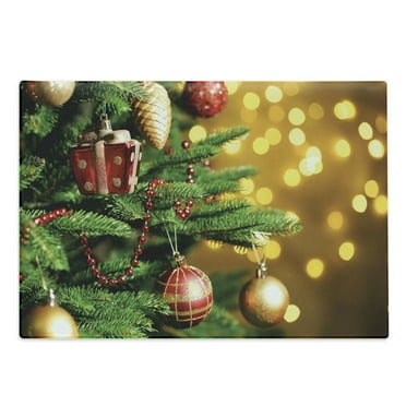 Christmas Cutting Board, Close up Composition Christmas Tree Branches Blurred Backdrop Picture, Decorative Tempered Glass Cutting and Serving Board, Large Size, Amber Green Red, by Ambesonne