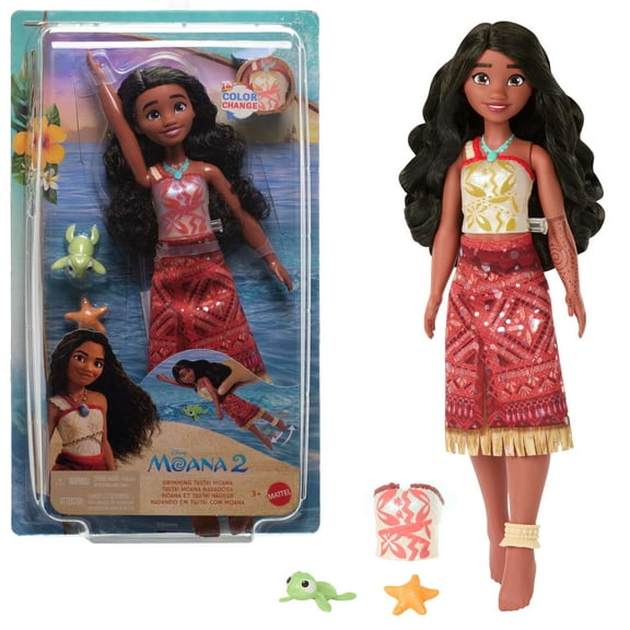 Disney Moana 2 Toys, Swimming Tautai Moana Fashion Doll with 2 Accessories & Color-Change Bodice
