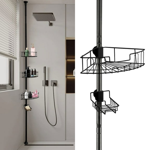 FENHRTVM Shower Caddy Tension Pole Adjustable  Height 56-114Inch Black Metal Bathroom Organizer