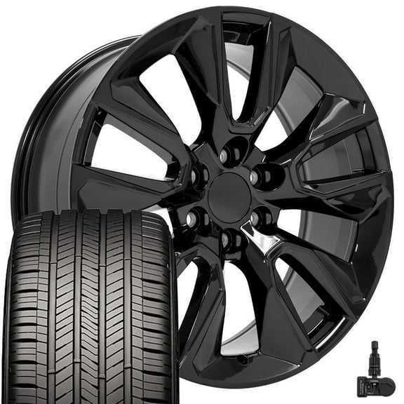 OE Wheels CV32 22 Inch Rims and Tires Fit Silverado 1500 Style 6x139.7 22x9 Gloss Black - Hollander 5916 - Eagle Touring 285/45-22 (Set of 4)