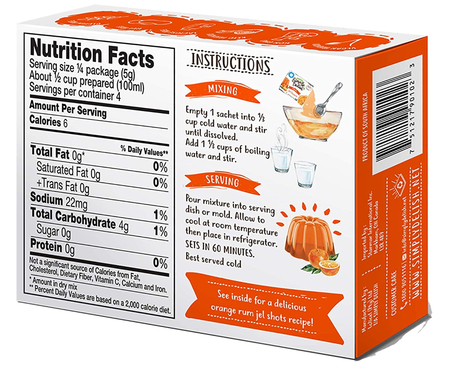 Simply Delish Natural Orange Jel Dessert - Sugar Free, Non GMO, Gluten Free, Fat Free, Lactose Free, Keto Friendly - 0.7 OZ (Pack of 6)
