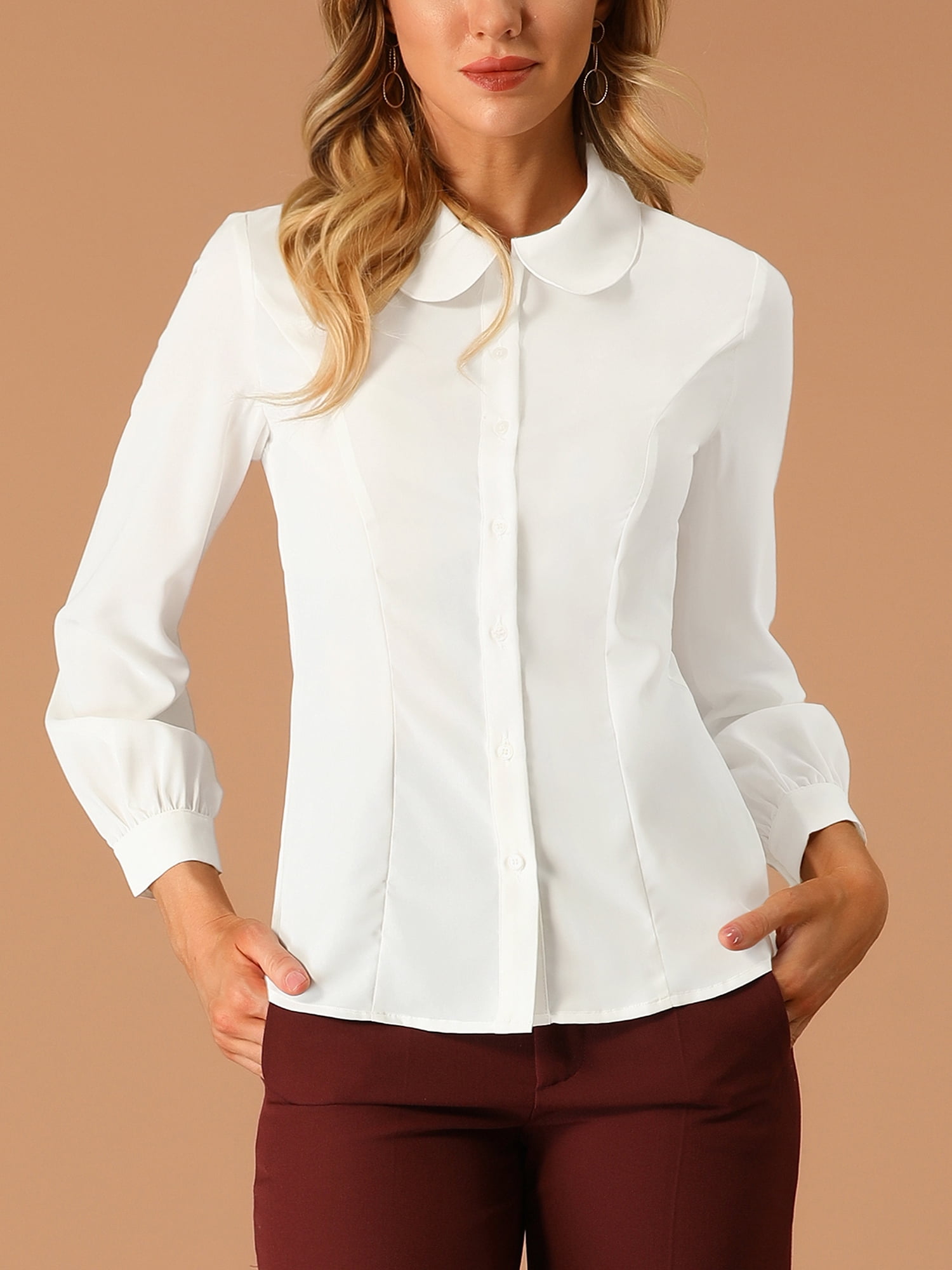 DARING DIVA Women's Peter Pan Collar Long Sleeve Button Down Work Shirts 3XL Cream White