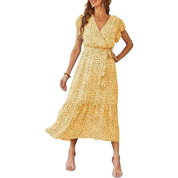 PRETTYGARDEN Women's Floral Boho Dress Wear To Work Wrap V Neck Short Sleeve Belted Ruffle Hem A-Line Flowy Maxi Dresses