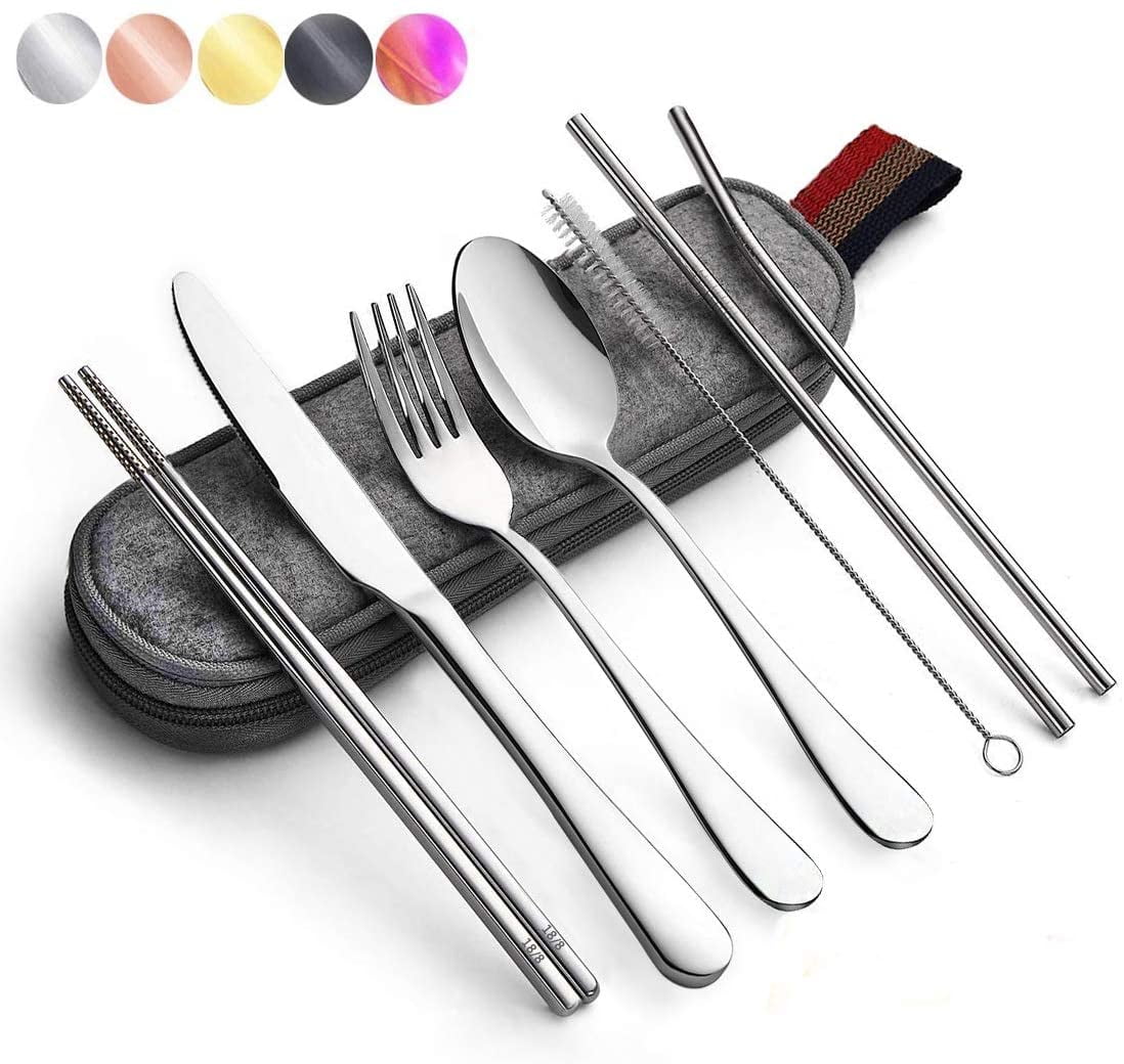 Travel Cutlery Set With Case Fork Spoon Chopsticks Straws Set For Camping 