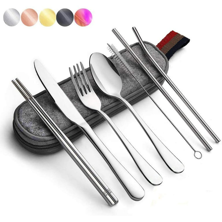 DEVICO Portable Utensils, Travel Reusable Silverware Flatware Set for  Lunch, 18/8 Stainless Steel 4-Piece Camping Cutlery Include Fork Spoon