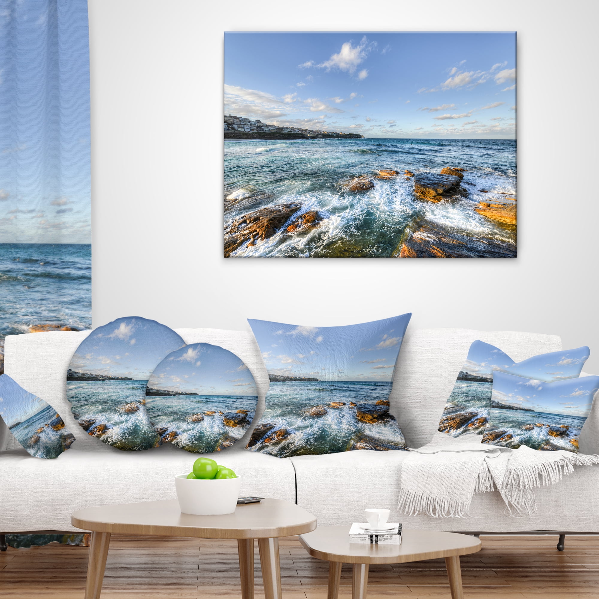 Designart White Waves in Bondi Beach - Beach Photo Throw Pillow - 18x18