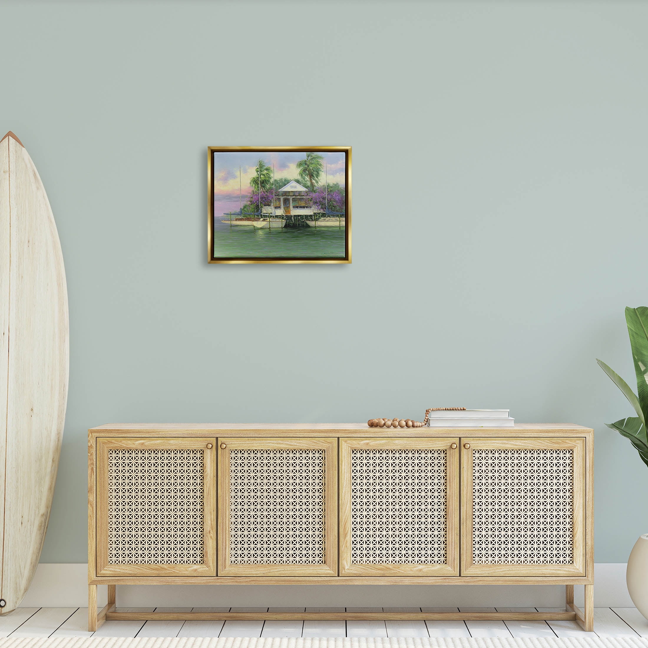 Coastal Boat Dock Tropical Palms Landscape Painting Metallic Gold Framed Art Print Wall Art