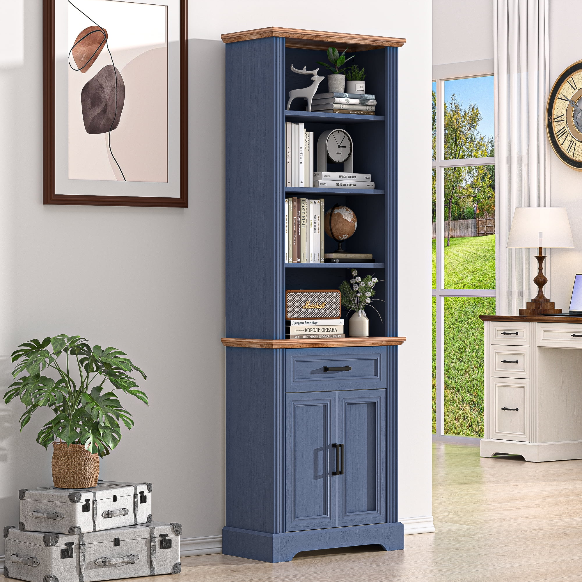 HARIPUL 72" Tall Bookcase Floor Standing with Drawer and Door, 6 Tier Wooden Storage Bookshelf for Living Room Home Office, Vintage Blue