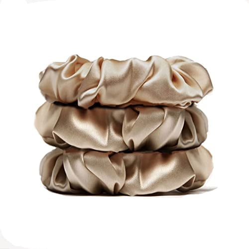 3Pack 4cm Silk Scrunchies Mulberry Silk 16 Momme Elastic Band Scrunchy Hair Ties For Women Girls Beige
