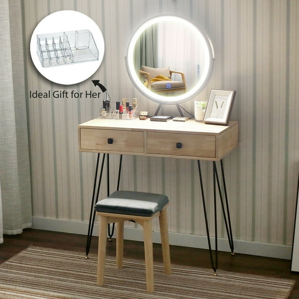 Elecwish Makeup Vanity Table Set 3 Modes Touch Screen Adjustable Lighted Mirror Dressing Wooden Desk Stool Com Elecwish Makeup Vanity Table Set 3, Vanity Table With Lighted Mirror And Stool