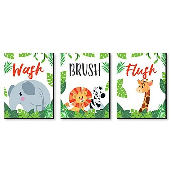 Big Dot of Happiness Jungle Party Animals - Kids Bathroom Rules Wall Art - 7.5 x 10 inches - Set of 3 Signs - Wash, Brush, Flush