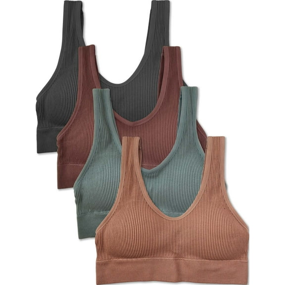 Kalon 4 Pack Ribbed Bralette Crop Top Comfort Lounge Bra