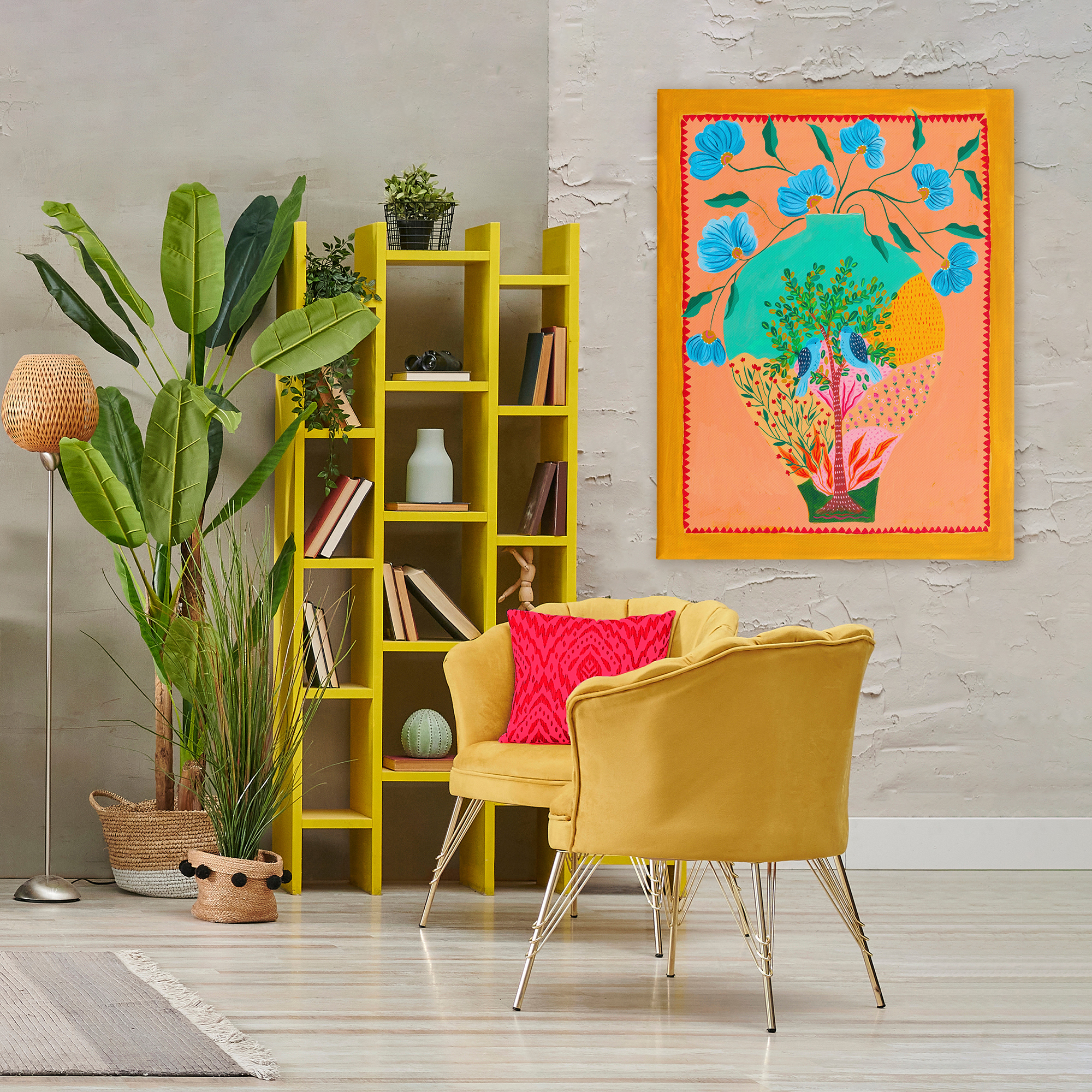 Bluebirds & Boho Flower Vase Canvas Wall Art, design by Nabeela Rumi