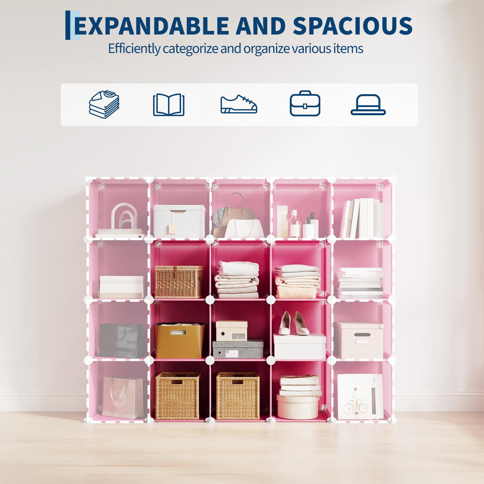 9 Cube Storage Organizer, DIY Modular Bookshelf & Closet Organizer, Plastic Stackable Shelving Cubes with Feet & Rubber Mallet