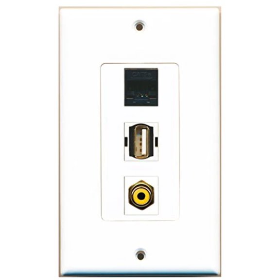 RiteAV - 1 Port RCA Yellow and 1 Port USB A-A and 1 Port Cat5e Ethernet Black Decorative Wall Plate Decorative