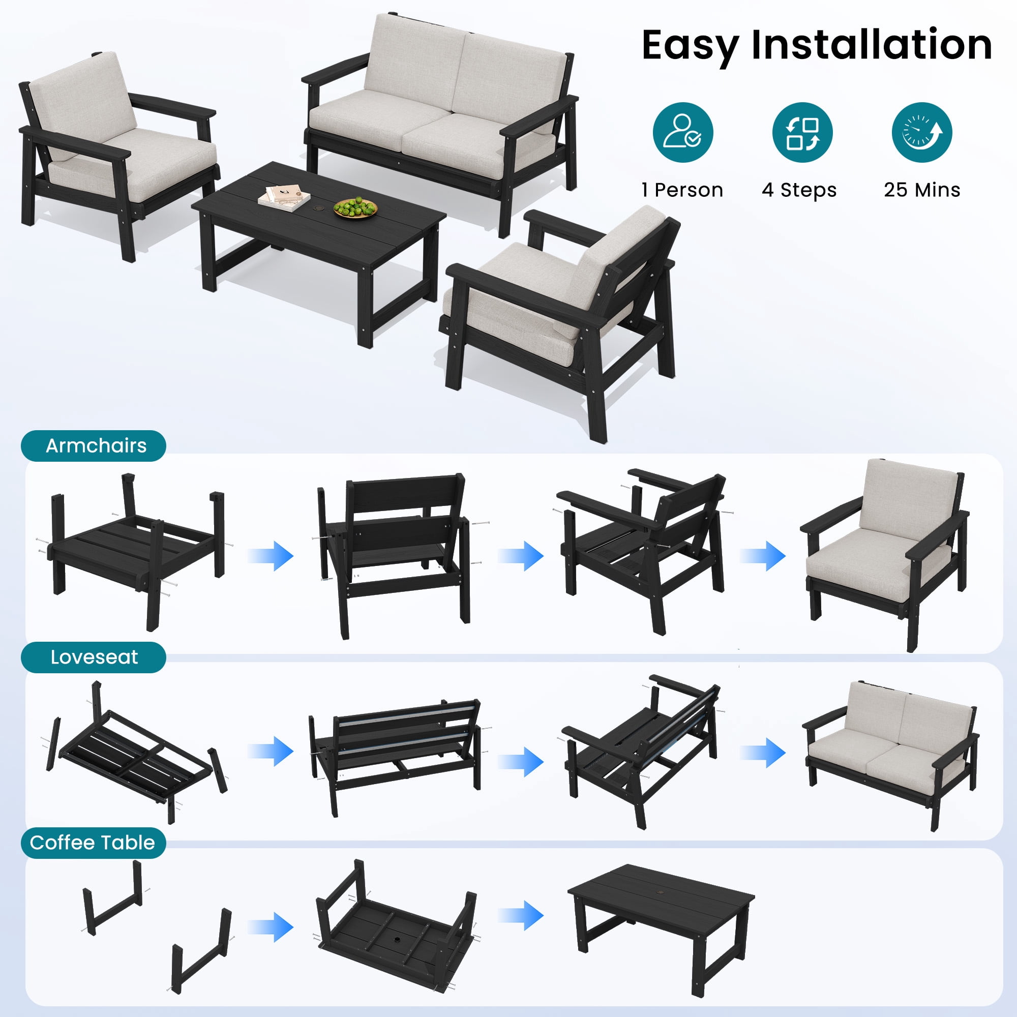 SERWALL 5 Pieces Outdoor HDPE Patio Furniture Sets, Conversation Sets with Cushions, 2 Armchairs & 1 Loveseat & 1 Coffee Table for Poolside, Balcony, Porch & Backyard, Black / Khaki