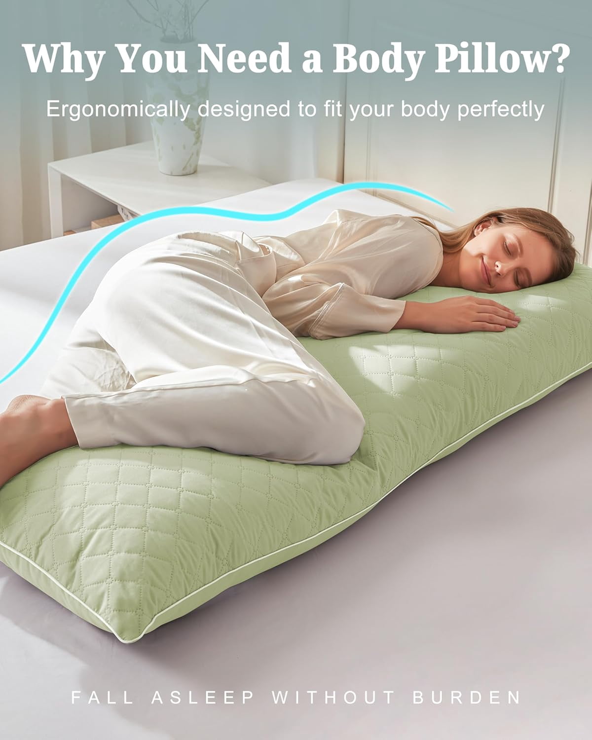 Parojati Long Body Pillow for Adults - Firm Body Pillow Insert with Shredded White Memory Foam, Adjustable Height, Soft Support for Side Sleeping, Pregnant Women, Washable (Green, 20x54 inch)