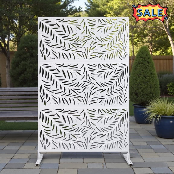 Tcbosik Metal Privacy Screen with Stand, 76"H x 48"W Outdoor Freestanding Privacy Screen & Panels for Deck, Patio, Balcony, White