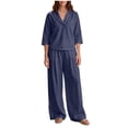 thumbnail image 3 of VBTAPA Two Piece Lounge Sets for Women Summer Vacation Beach Travel Outfits 3/4 Length Sleeve V Neck Tops and Wide Leg Pants Set Navy M, 3 of 8