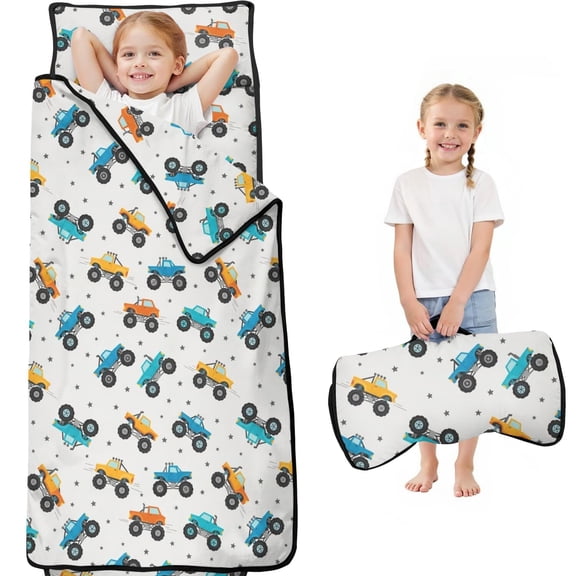 Monster Cartoon Truck Gray Pattern Teens Toddler Nap Mat with Pillow, Sleeping Mat Bag for Preschool Daycare 59"x22"