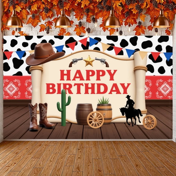 Vintage Kraft Paper Look Banner Western Cowboy Style Cowboy Party Backdrop Red Font Revolver Pattern Wild West Birthday Background for Kids Birthday Celebrations Western Rodeo Parties Indoor Photo