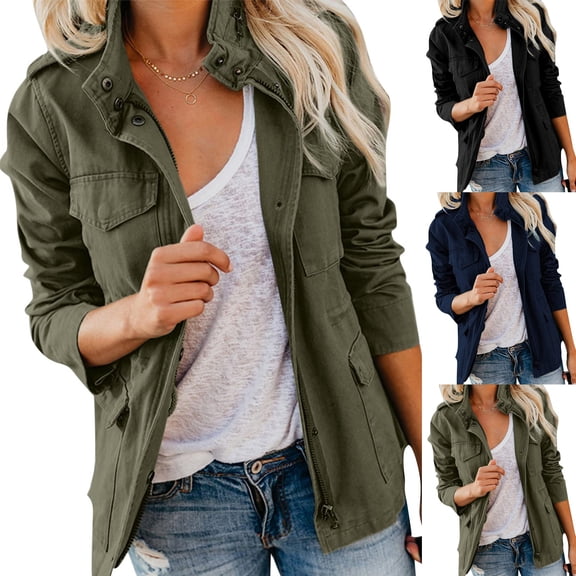 Spring Fall Utility Safari Jacket for Women Stand Collar Zip Up Snap Buttons Military Jackets Coats Outwear Black M
