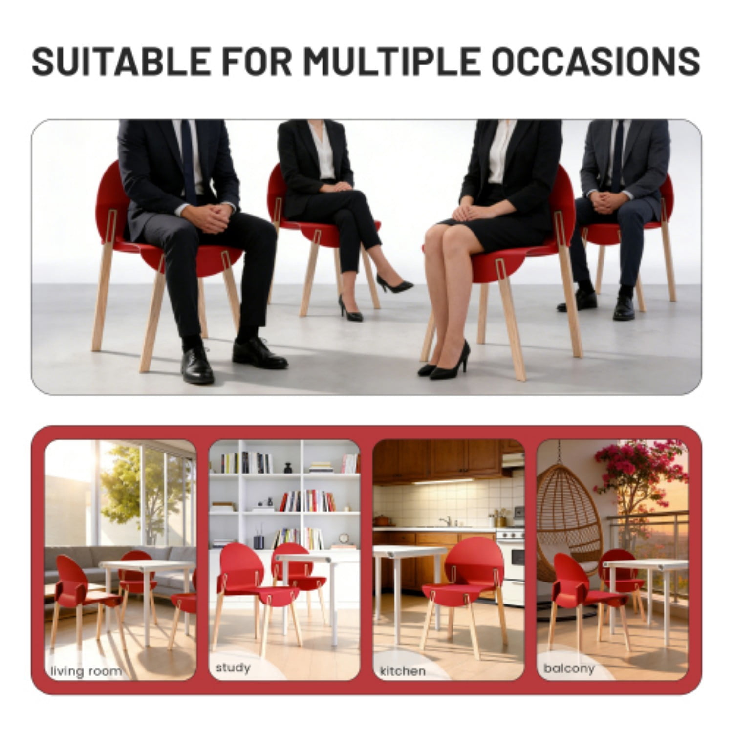 Dining Chairs Set of 4, Modern Kitchen Chairs with PP Seats & Solid Red Oak Wood Legs, 330 lb Capacity, Indoor Dining Room Living Room Chairs, Crimson Red