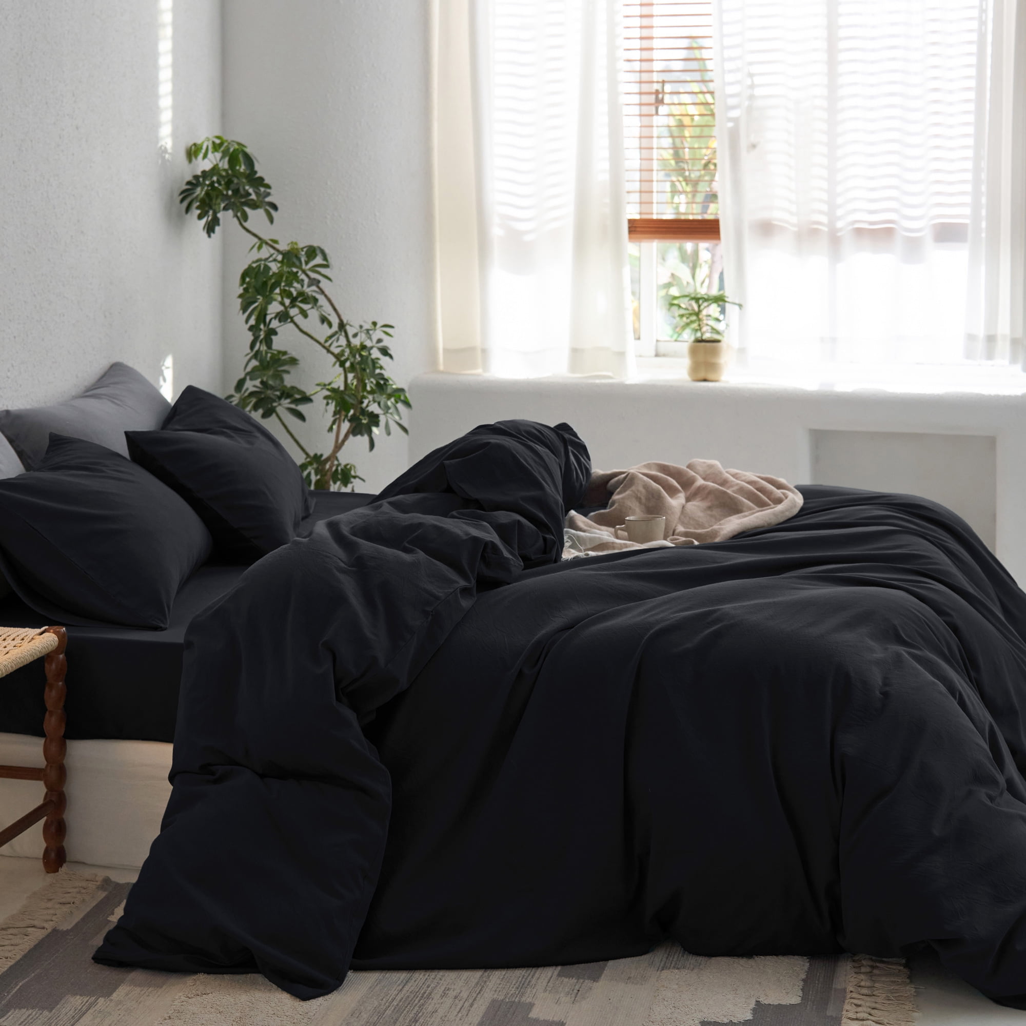 MooMee Duvet Cover Set Queen 100% Washed Cotton Twill Ultra-Soft Breathable Linen Like 3-Piece (Black, 90"x90")