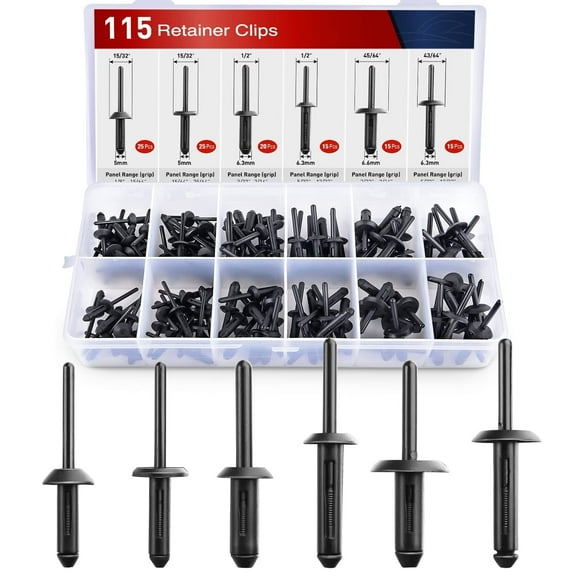 Nilight 115Pcs 6 Sizes Universal Pop Rivet Assortment Rivet Clip Black Nylon Blind Rivets Compatible with GM Ford Chrysler VW